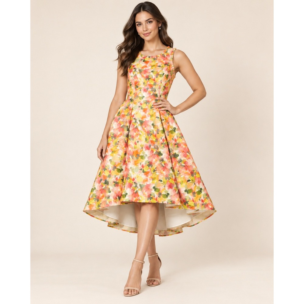 Adrianna Papell Floral Jacquard High-Low Dress Pink Yellow Ruffled Size 12 NEW